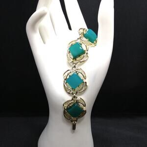 Vintage Moonglow Green Link Bracelet, Gold Tone, 1950s